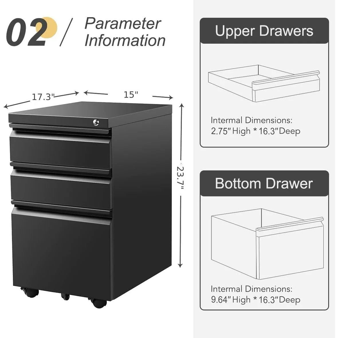 Black 3 Drawer Metal File Cabinet with Lock F135