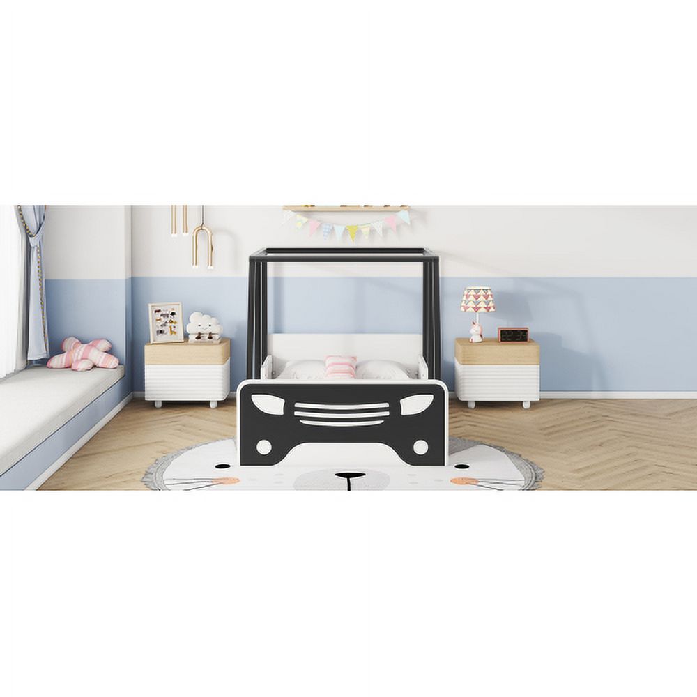 Black Wooden Twin Car-shaped Bed with Roof, Wheels, and Door Z90349