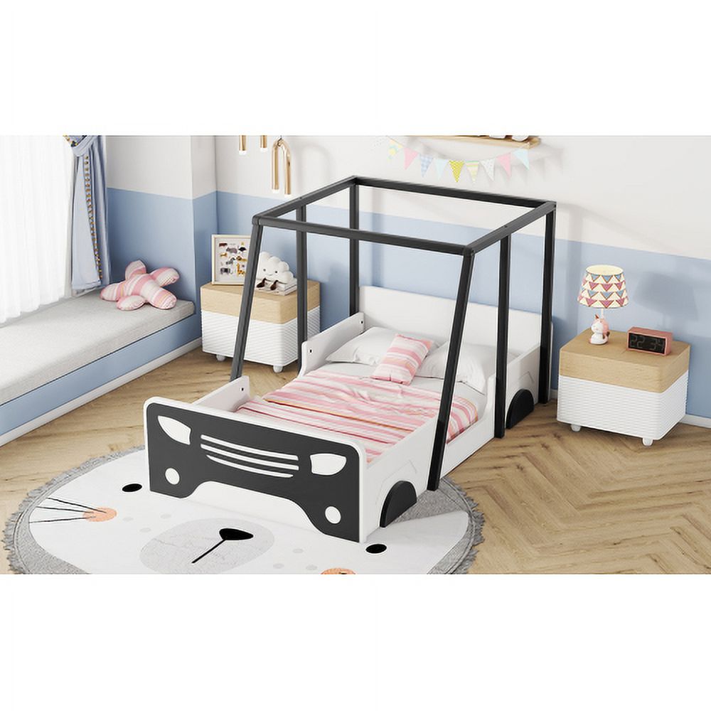 Black Wooden Twin Car-shaped Bed with Roof, Wheels, and Door Z90349