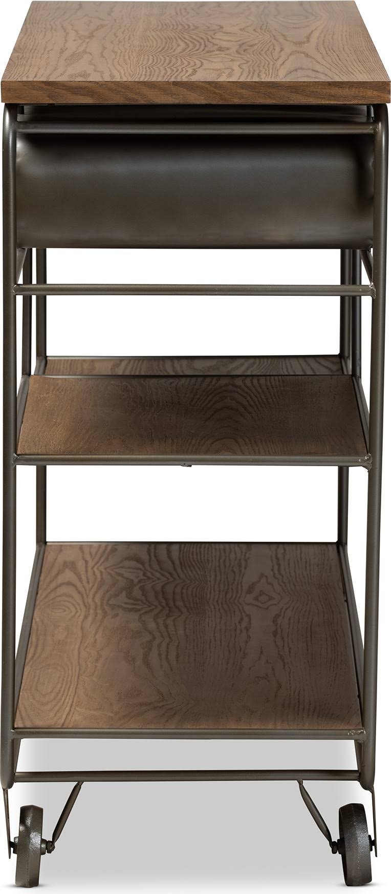 Oak Brown Wood and Black Metal 2-Drawer Kitchen Cart N62541