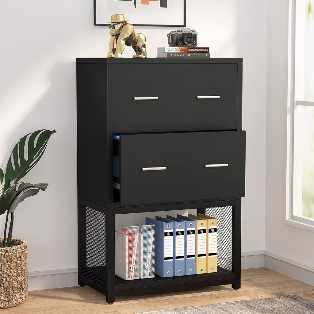 2 Drawer Lateral File Cabinet with Metal Wire Storage Shelves (Black) T3317