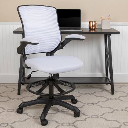 White Mesh Ergonomic Drafting Chair with Foot Ring and Flip-Up Arms A915595