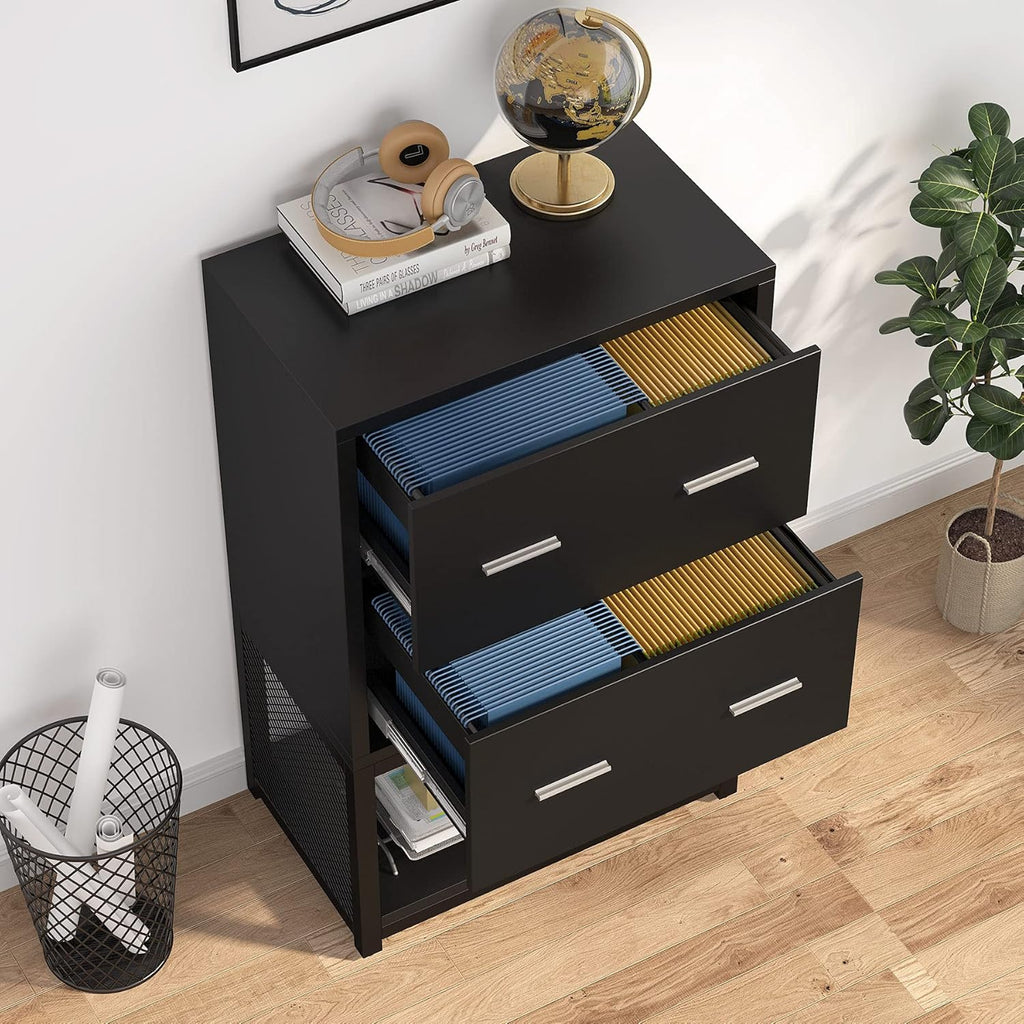 2 Drawer Lateral File Cabinet with Metal Wire Storage Shelves (Black) T3317
