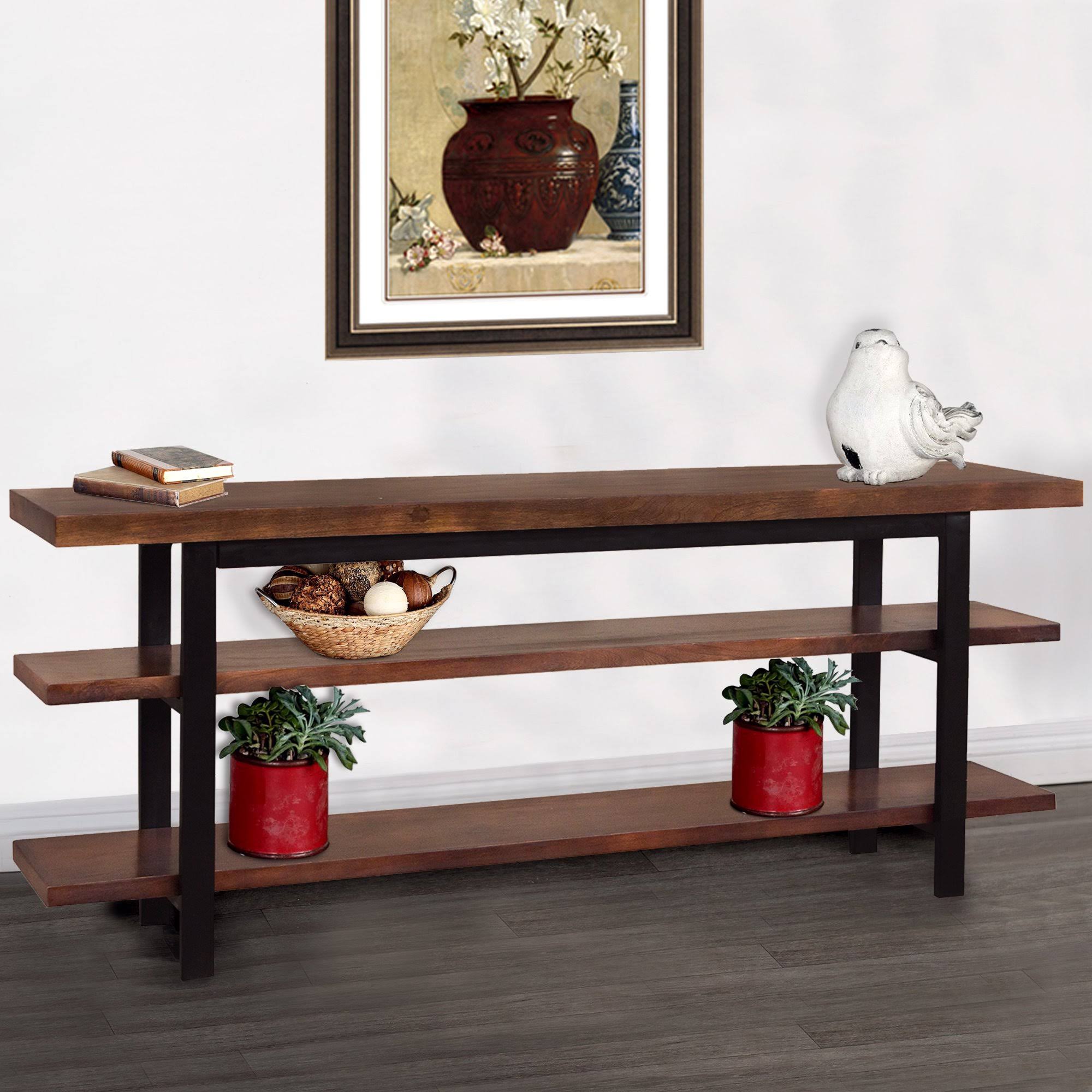 Brown and Black Mango Wood and Iron Console Table with Three Shelves J2441