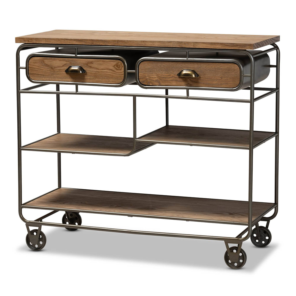 Oak Brown Wood and Black Metal 2-Drawer Kitchen Cart N62541