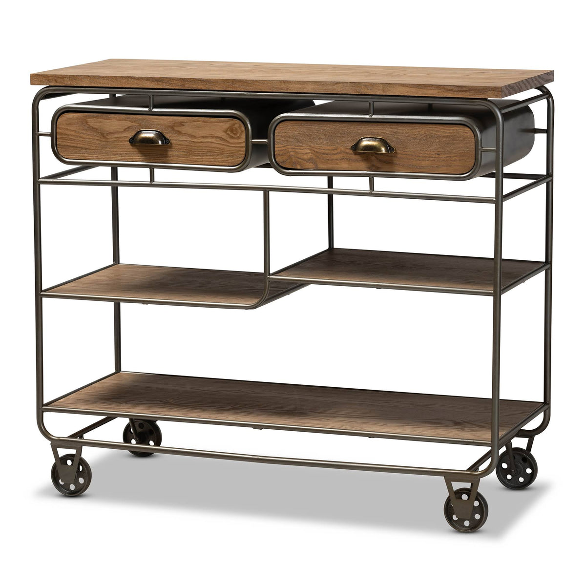 Oak Brown Wood and Black Metal 2-Drawer Kitchen Cart N62541