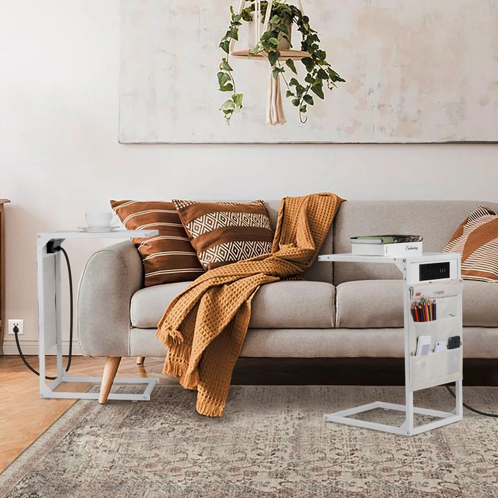White C Shaped Side Table with Charging Station F489959