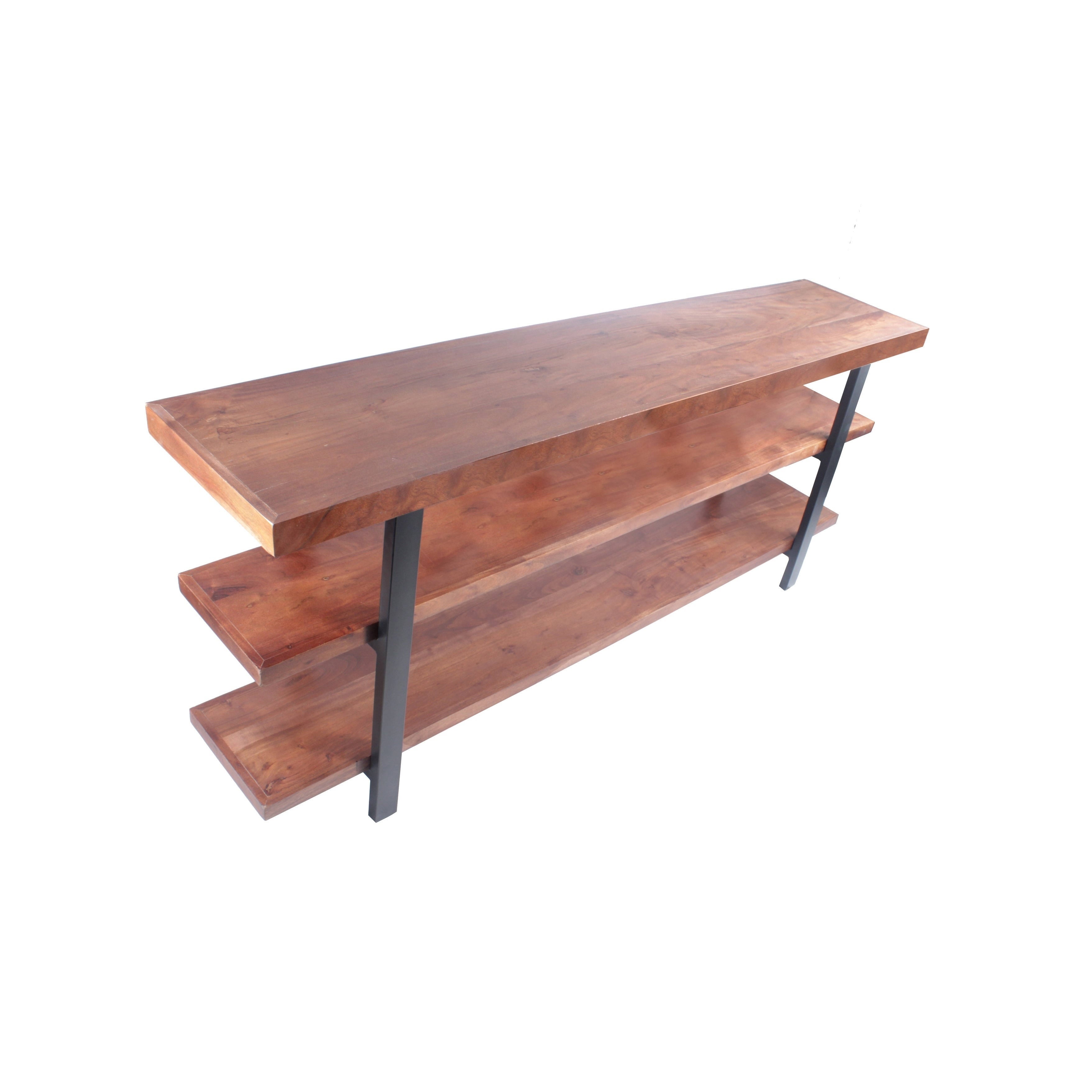 Brown and Black Mango Wood and Iron Console Table with Three Shelves J2441