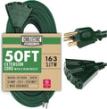 50 Ft Outdoor Extension Cord with 3 Power Outlets, 16/3 SJTW Heavy Duty Yellow Lighted Cable H835