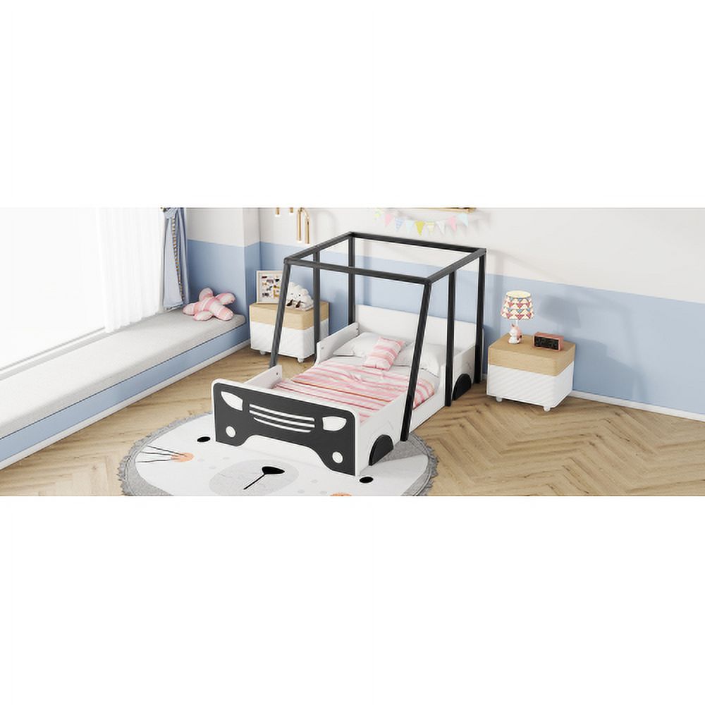 Black Wooden Twin Car-shaped Bed with Roof, Wheels, and Door Z90349
