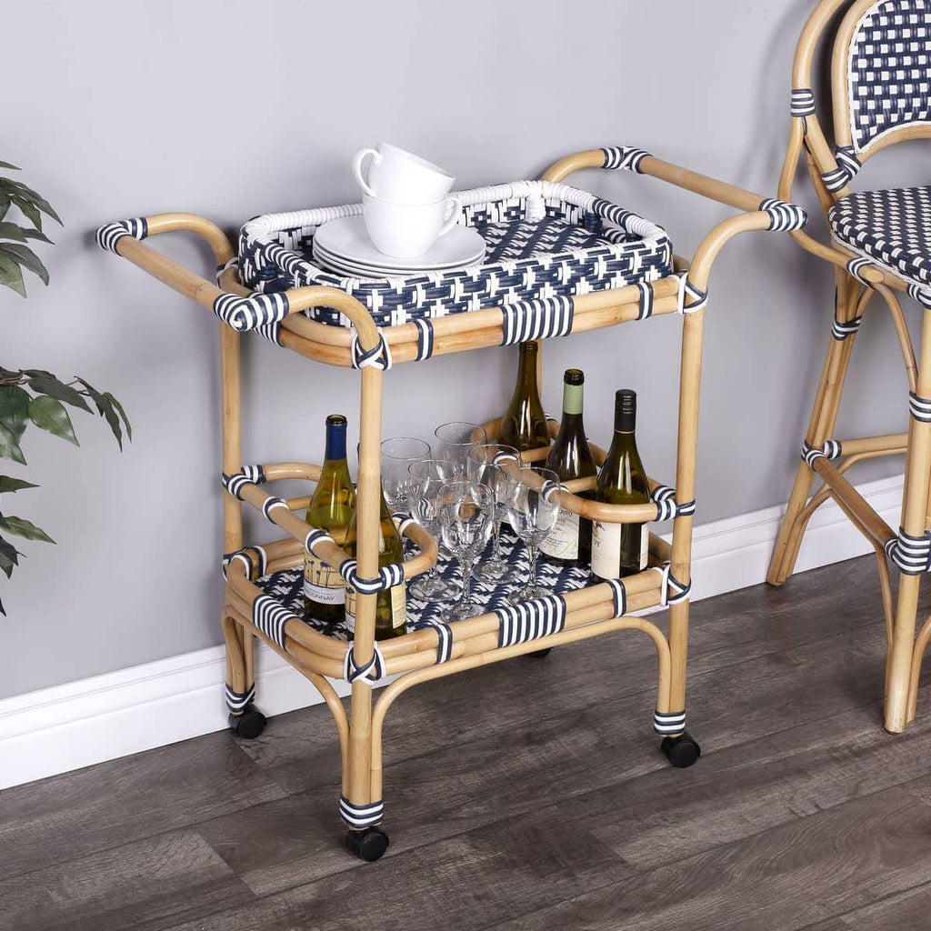 Blue & White Rattan Bar Cart K86822