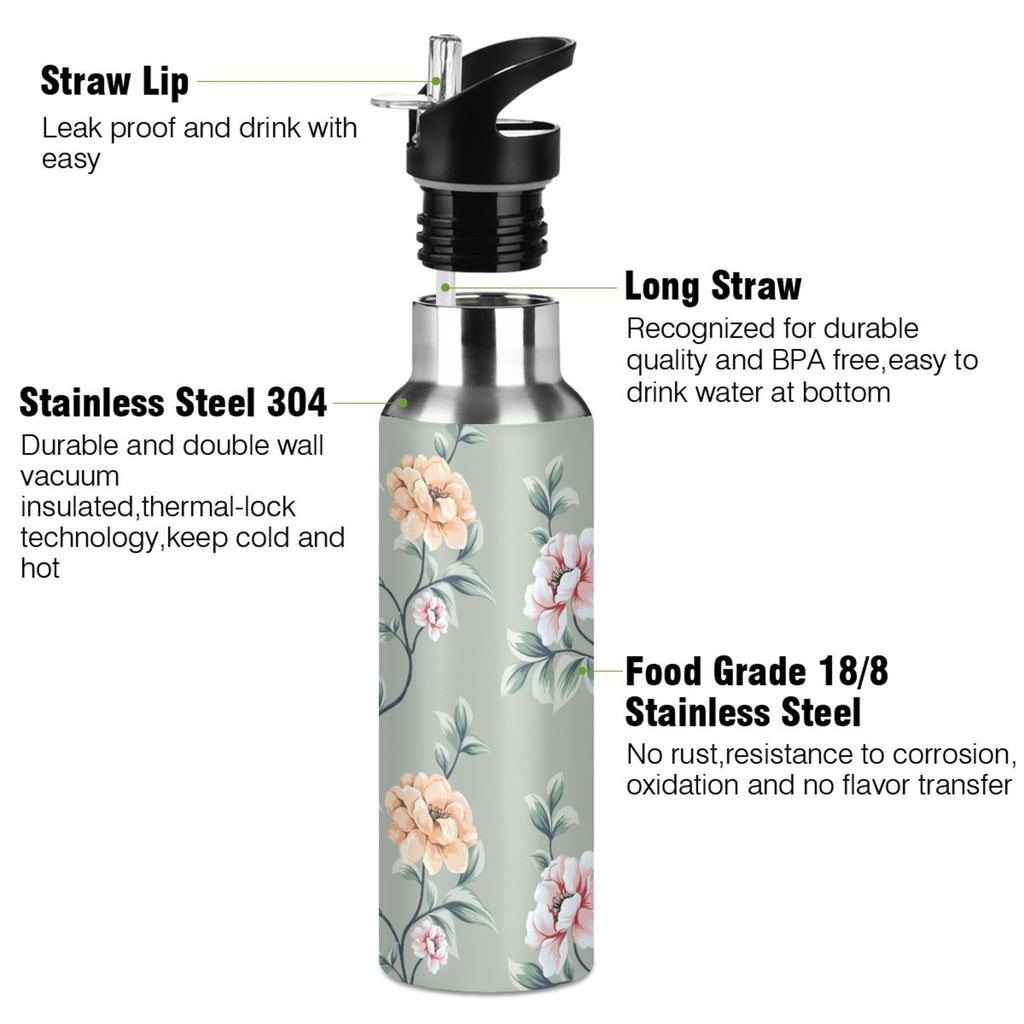 Pink Flowers Stainless Steel Insulated Water Bottle with Straw Lid L917