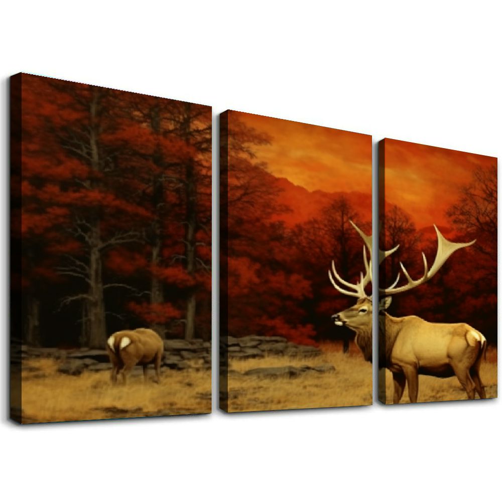 Deer Elk Forest Canvas Wall Art Painting Prints 12''x16'' 3 Panels M746757