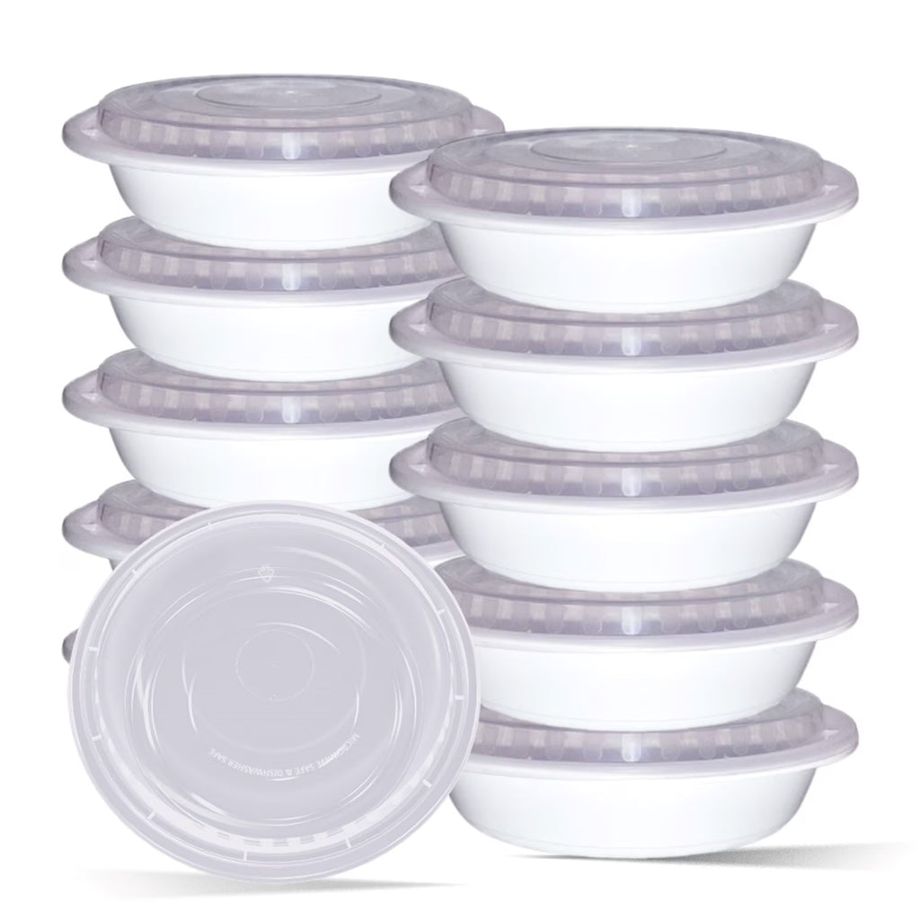 48oz 25 Pack White 9" Round Microwavable Plastic Container with Lid Q131