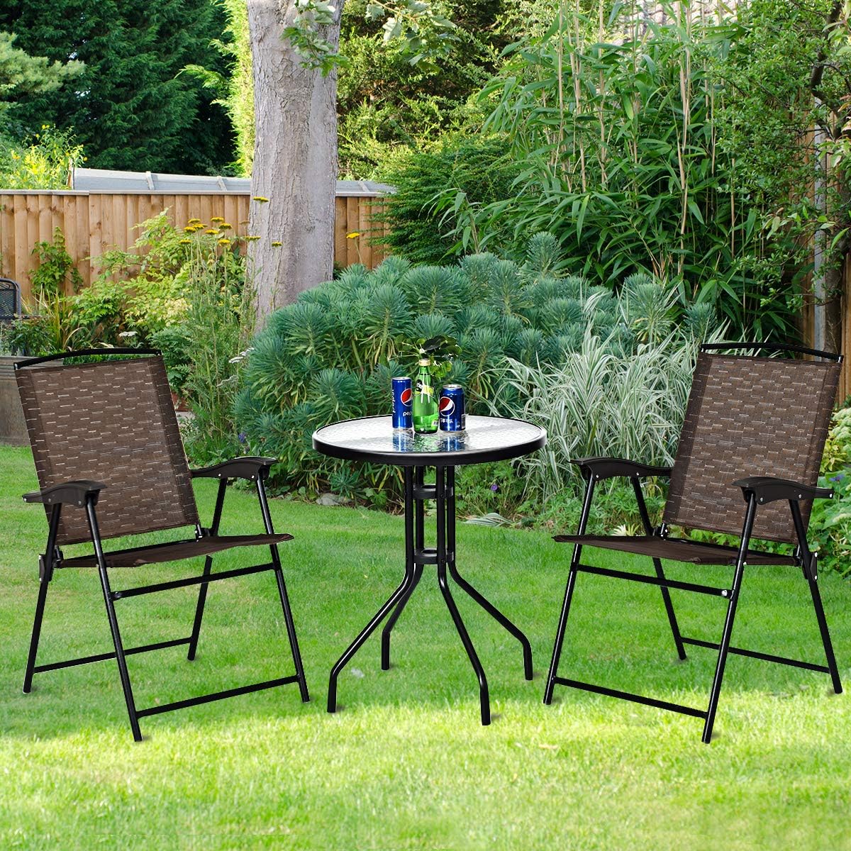 3-Piece Patio Bistro Set with Round Tempered Glass Table and 2 Foldable Chairs N376722