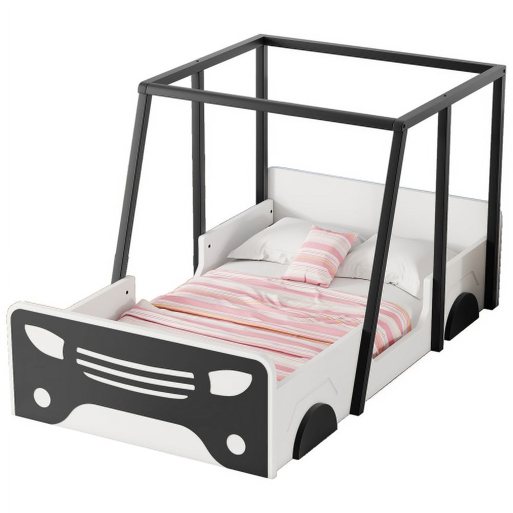 Black Wooden Twin Car-shaped Bed with Roof, Wheels, and Door Z90349