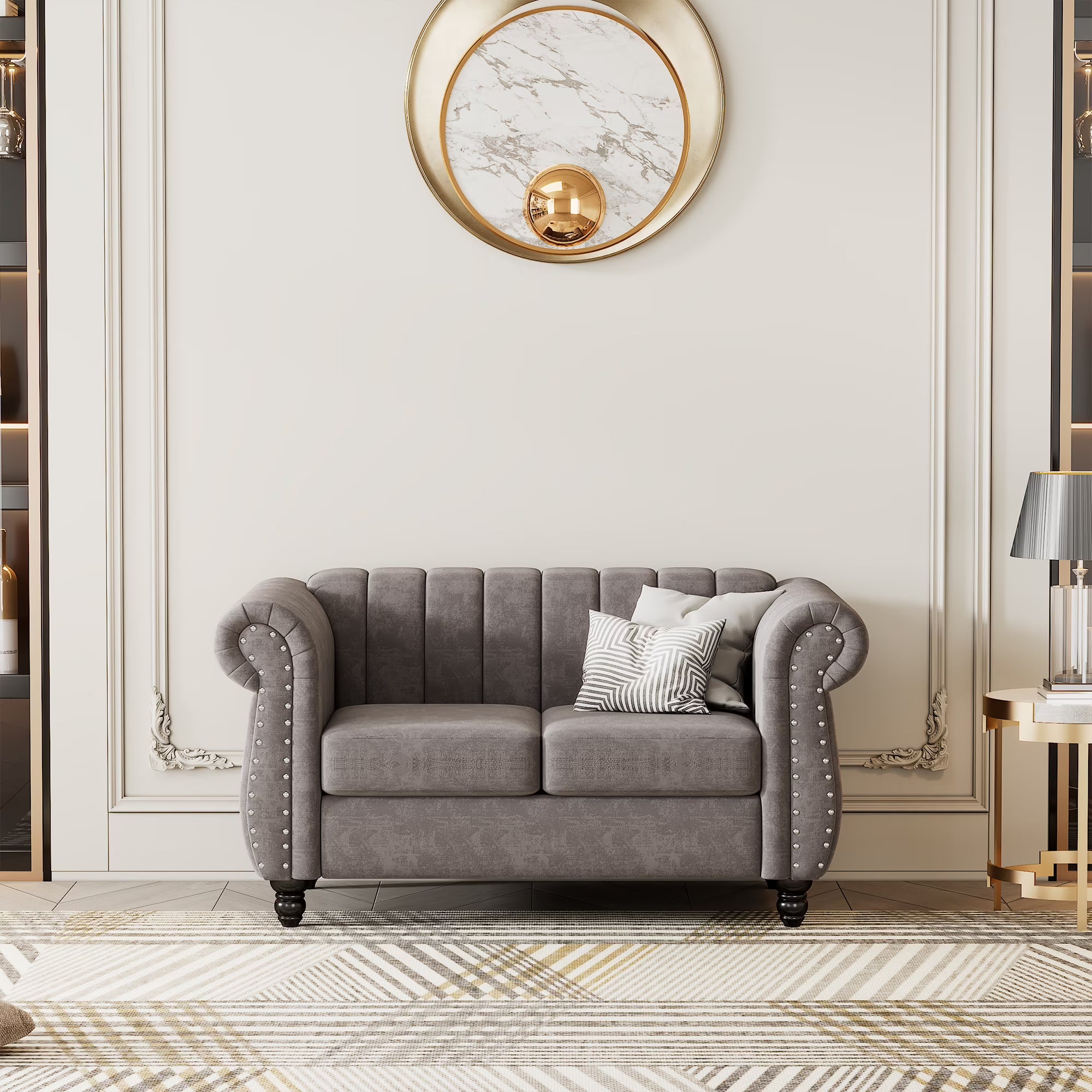 Gray Buttoned Tufted Sofa with Solid Wood Legs D6134