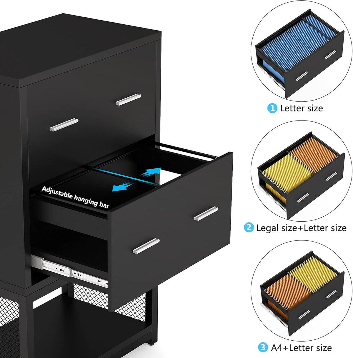 2 Drawer Lateral File Cabinet with Metal Wire Storage Shelves (Black) T3317