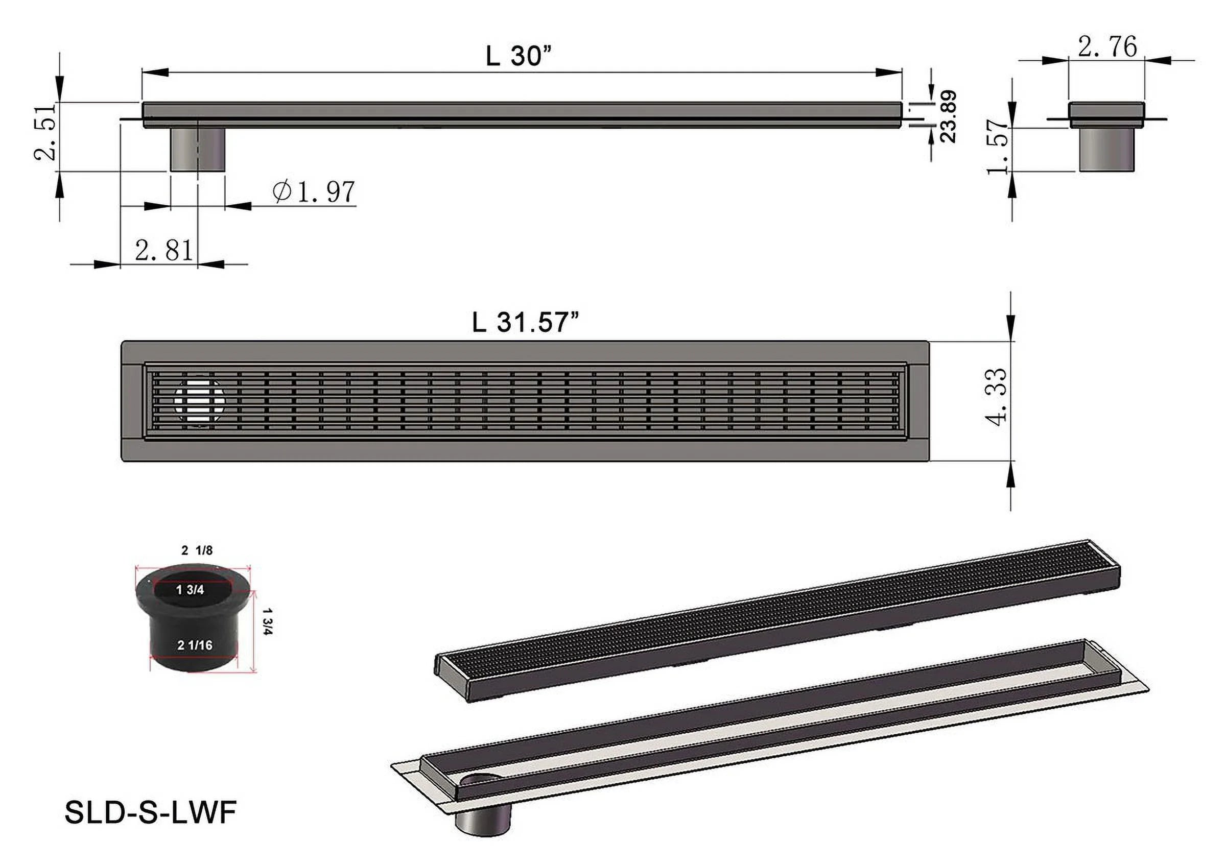 Linear Shower Drain Offset Side Outlet Extra Thick 6 Gauge Brushed 304 Stainless Steel Rectangle Floor Drain Set O873406
