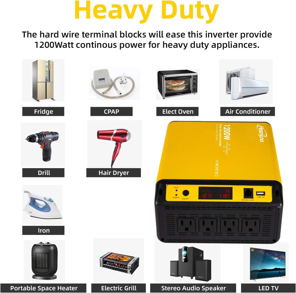 1200W Pure Sine Wave Power Inverter DC 12V to AC 110-120V with Remote Control Cable K2631