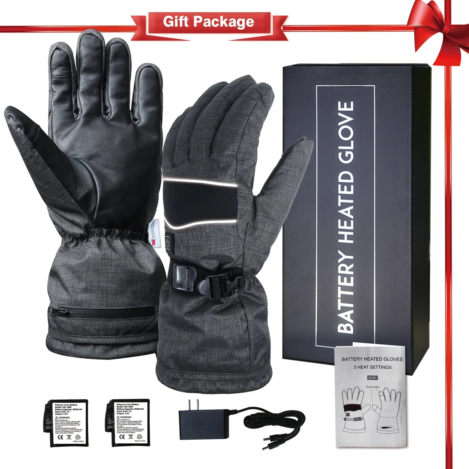 Heated 3M Thinsulate Thermal Winter Gloves with 2 Rechargeable Battery Grey Z3371
