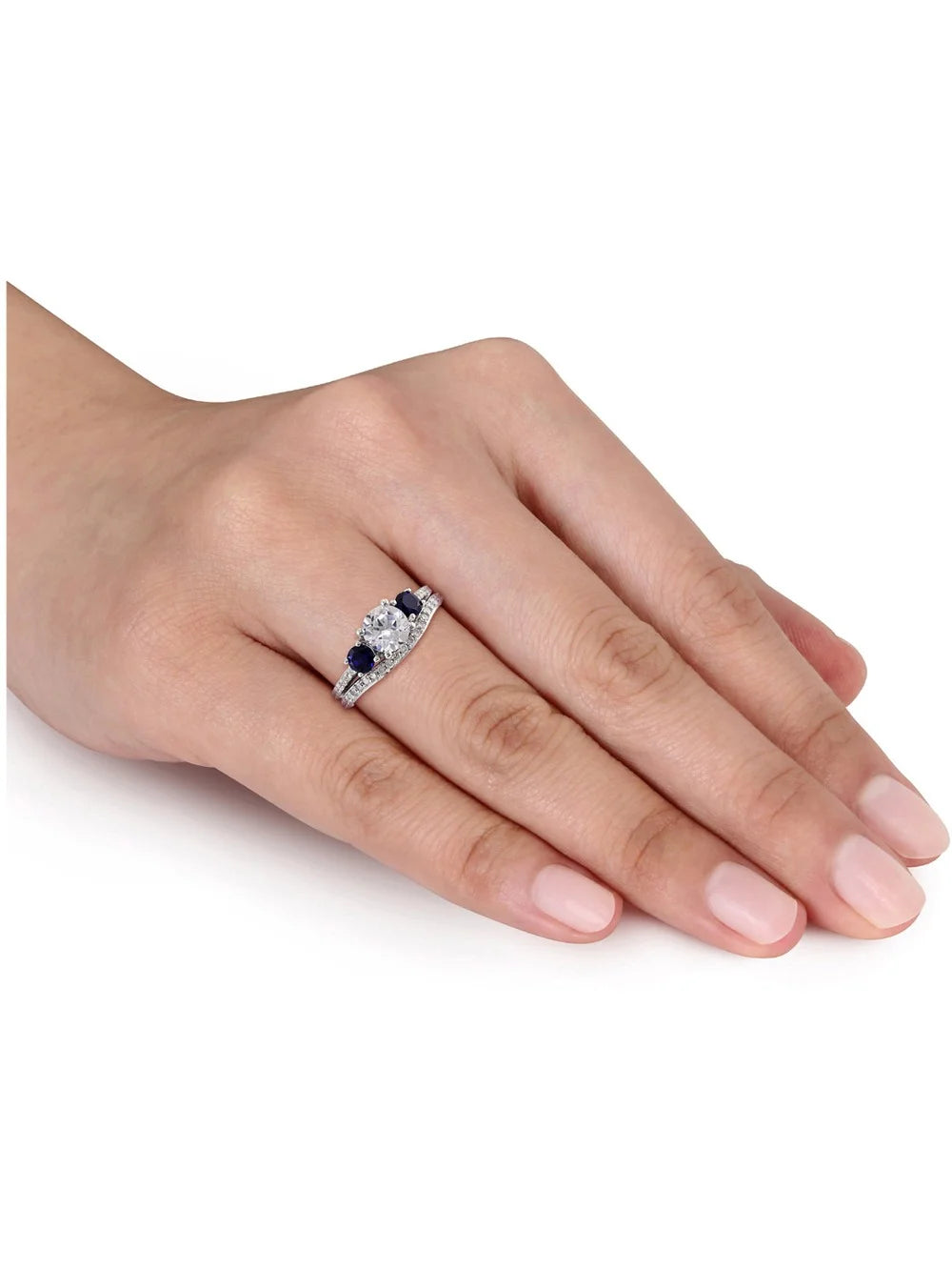 Created White & Created Blue Sapphire 2 Carat (Ctw) with Diamond 1/3 Carat (Ctw) Engagement Ring and Bridal Wedding Set 10K White Gold R490