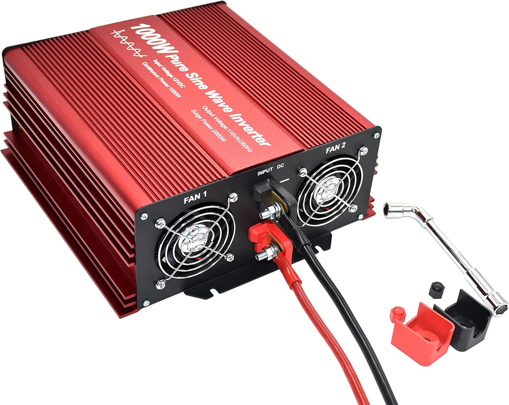 2000W Pure Sine Wave Inverter 12V to 120V AC with 2 AC Outlets, DC5V 2 Amp USB Output, LCD Wire Remote Kit and OFC Battery Cables E120