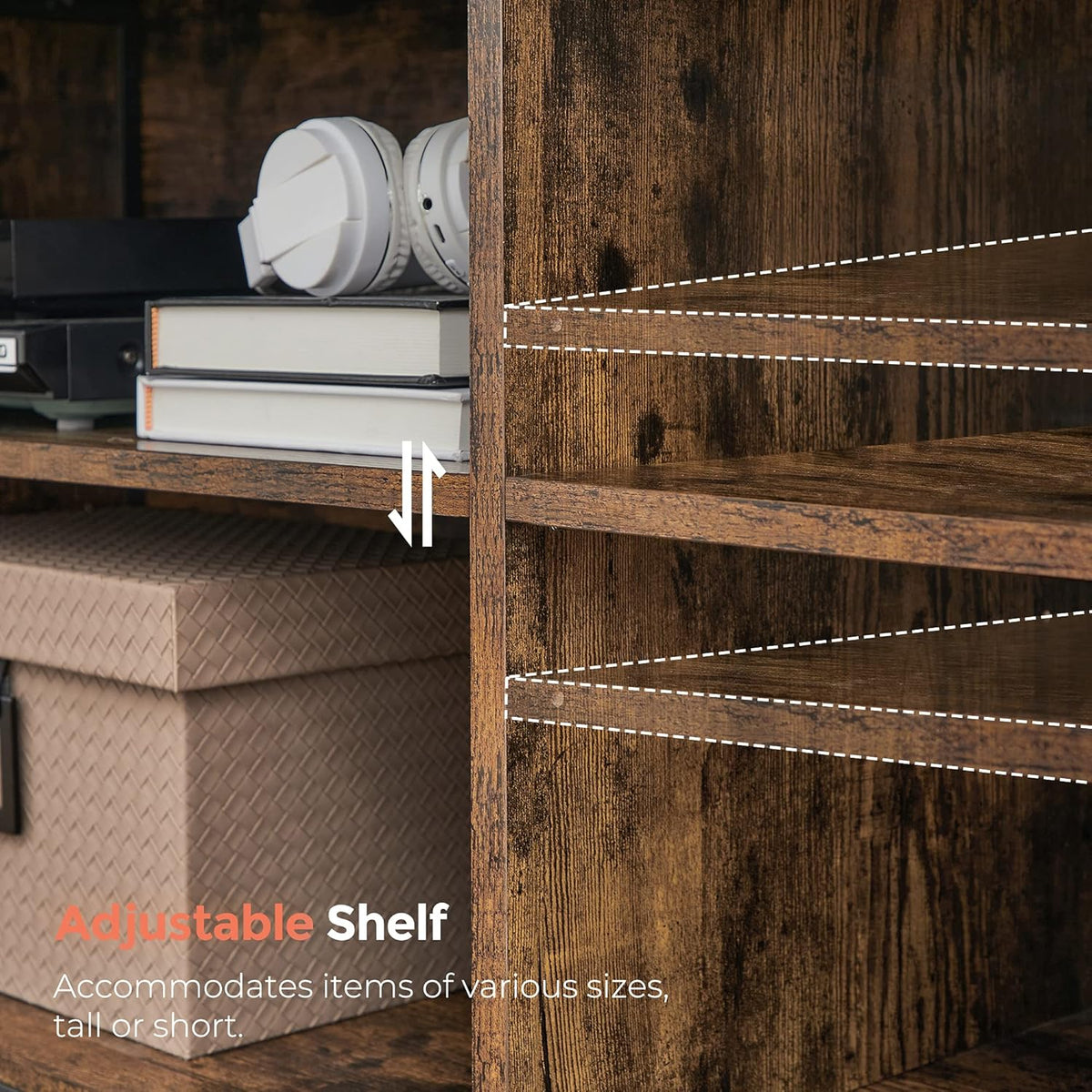 Rustic Brown and Black TV Stand with 4 Cubby and Adjustable Shelves R467