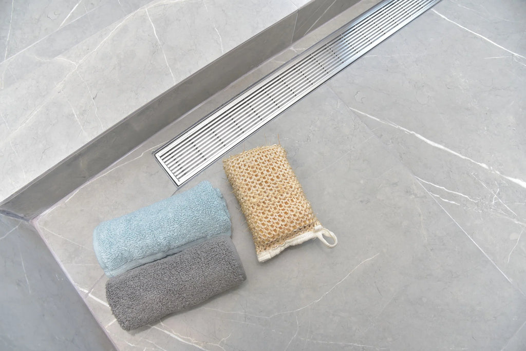 Linear Shower Drain Offset Side Outlet Extra Thick 6 Gauge Brushed 304 Stainless Steel Rectangle Floor Drain Set O873406