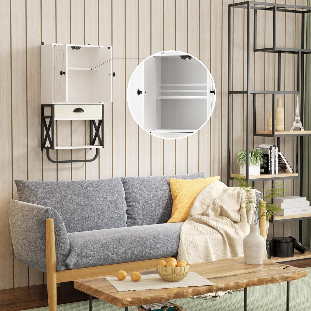 White 3-Tier Wooden Wall Cabinet with 2 Door and Adjustable Shelf R295