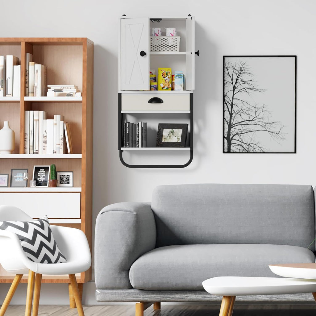 White 3-Tier Wooden Wall Cabinet with 2 Door and Adjustable Shelf R295