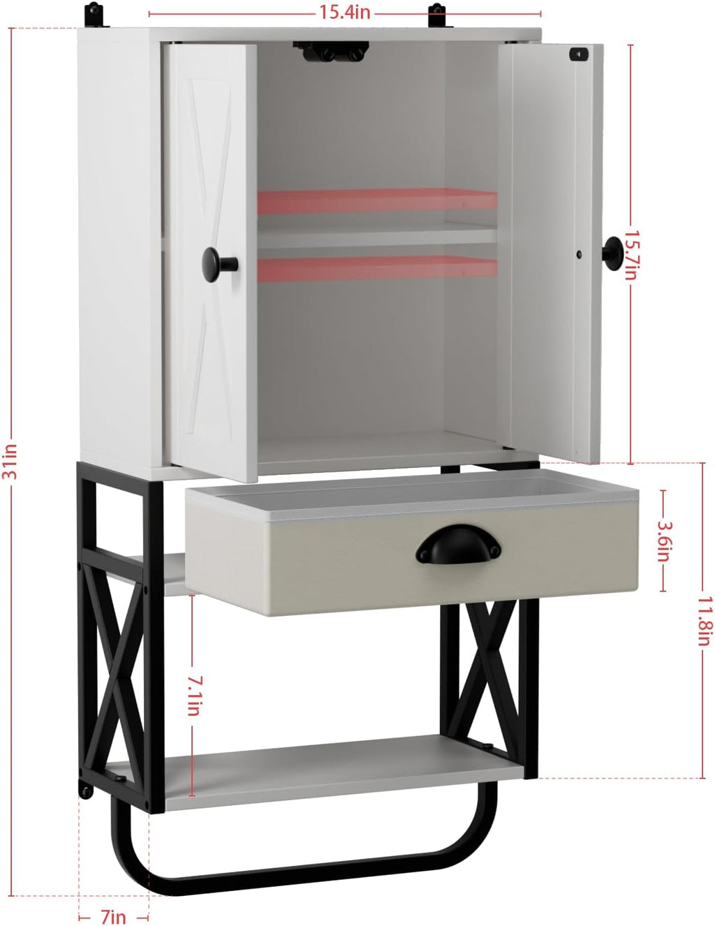 White 3-Tier Wooden Wall Cabinet with 2 Door and Adjustable Shelf R295