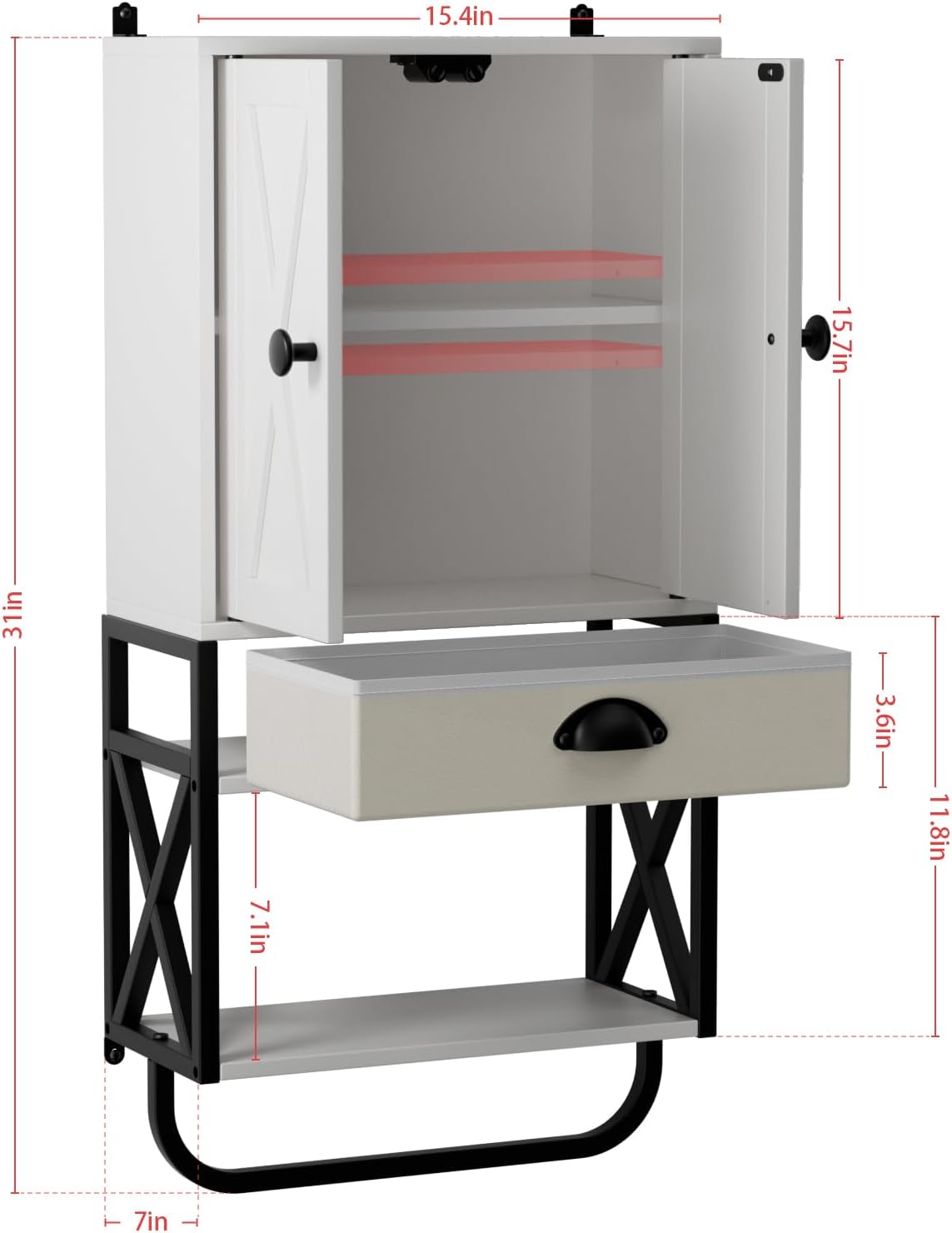 White 3-Tier Wooden Wall Cabinet with 2 Door and Adjustable Shelf R295