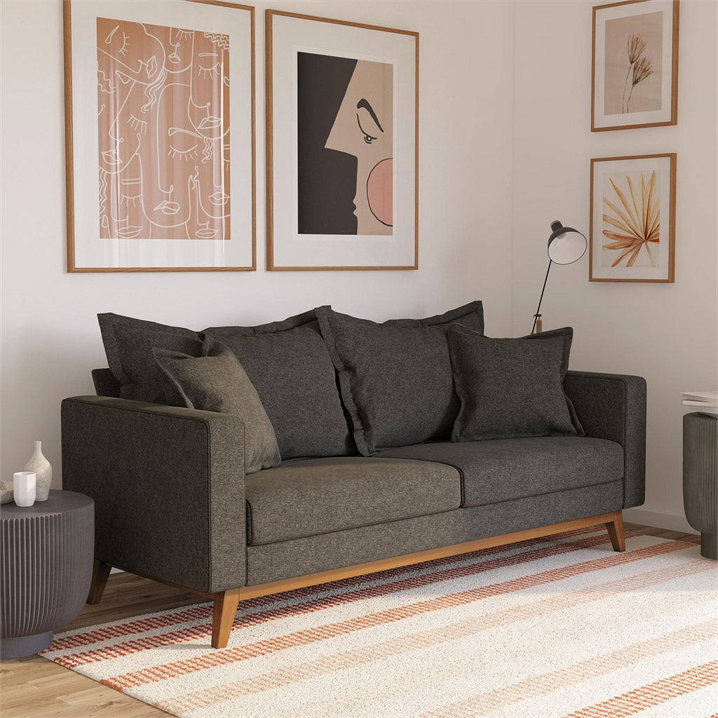 Contemporary Pillowback Wood Sofa Gray Linen B1076