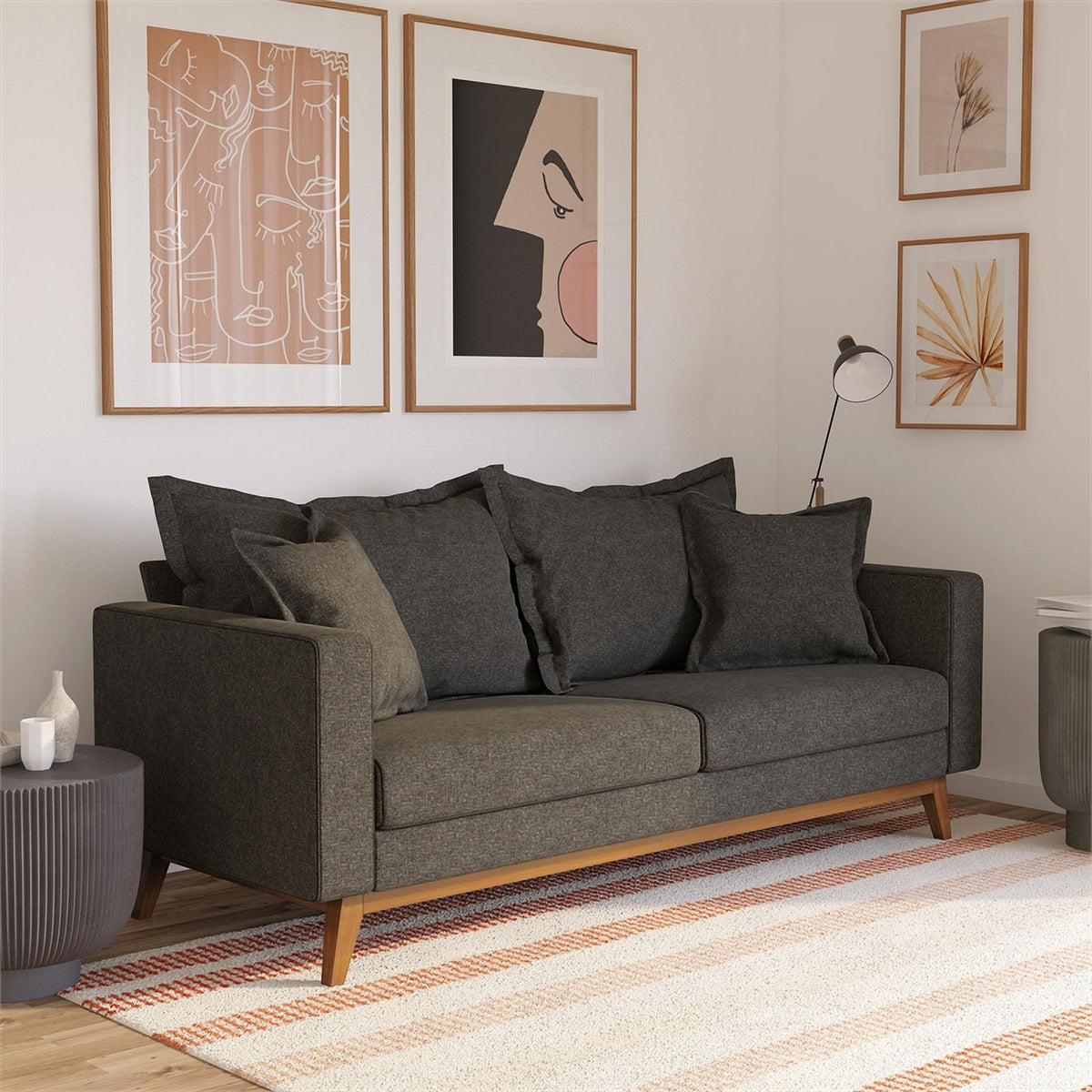 Contemporary Pillowback Wood Sofa Gray Linen B1076