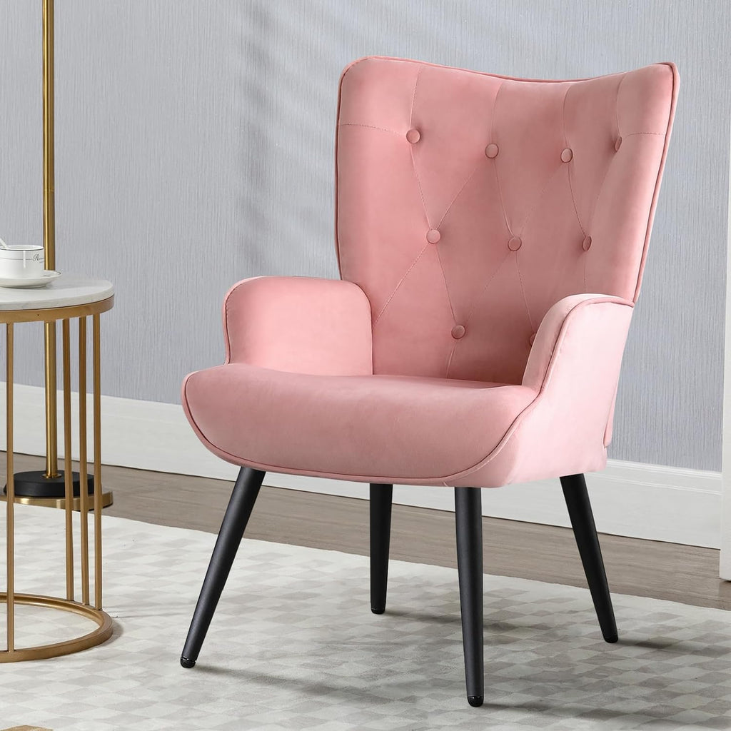 Pink Velvet Tufted Wingback Accent Chair with Solid Metal Legs O329131