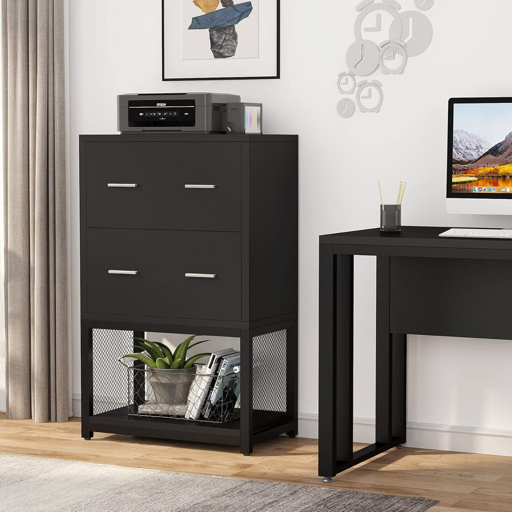 2 Drawer Lateral File Cabinet with Metal Wire Storage Shelves (Black) T3317