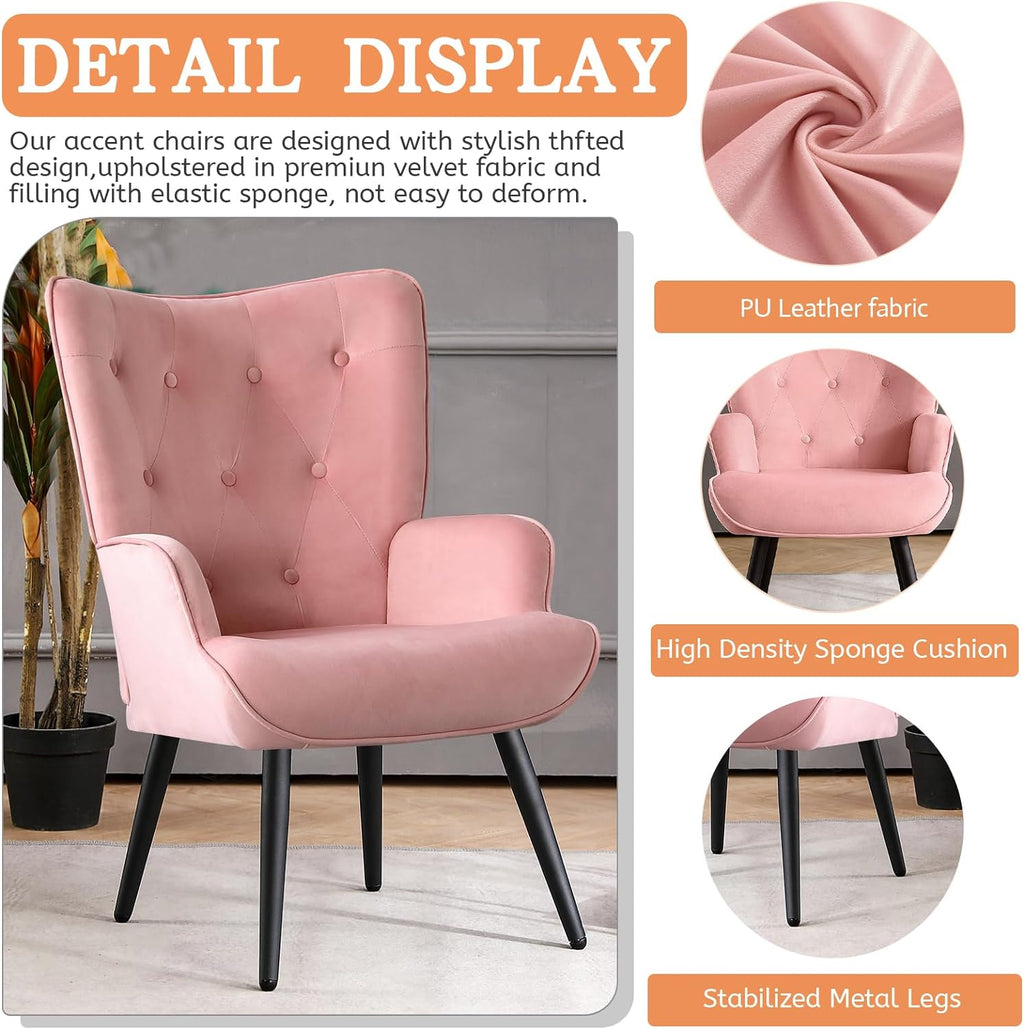 Pink Velvet Tufted Wingback Accent Chair with Solid Metal Legs O329131