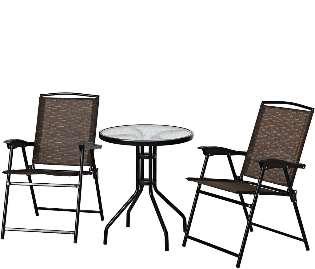 3-Piece Patio Bistro Set with Round Tempered Glass Table and 2 Foldable Chairs N376722