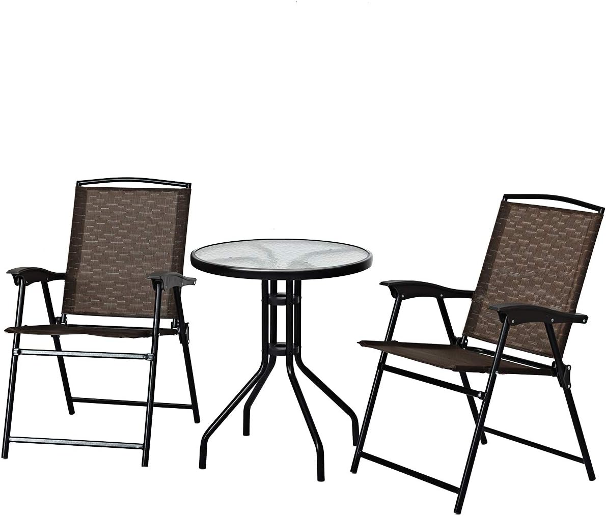 3-Piece Patio Bistro Set with Round Tempered Glass Table and 2 Foldable Chairs N376722