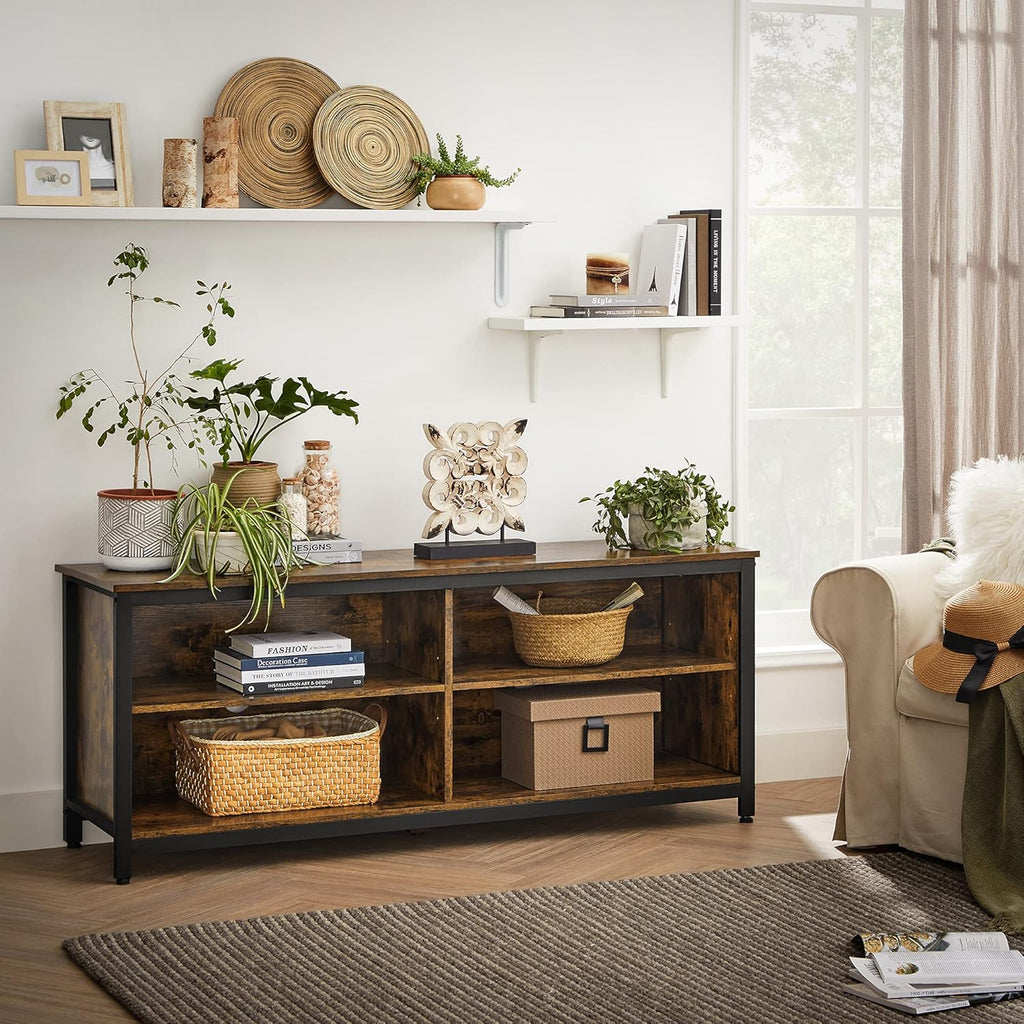 Rustic Brown and Black TV Stand with 4 Cubby and Adjustable Shelves R467