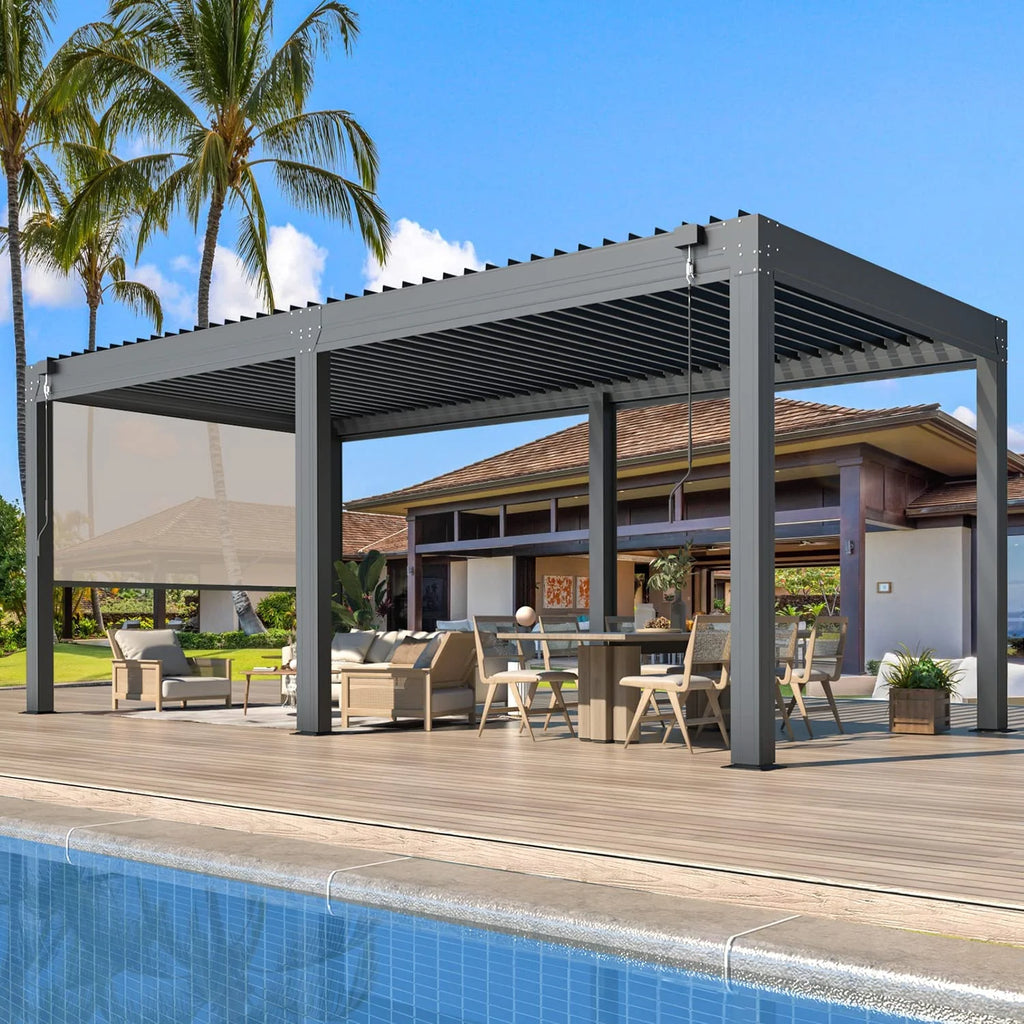 10'×20' Aluminum Louvered Pergola with 6-Panel Pull-Down Privacy Screen T4305