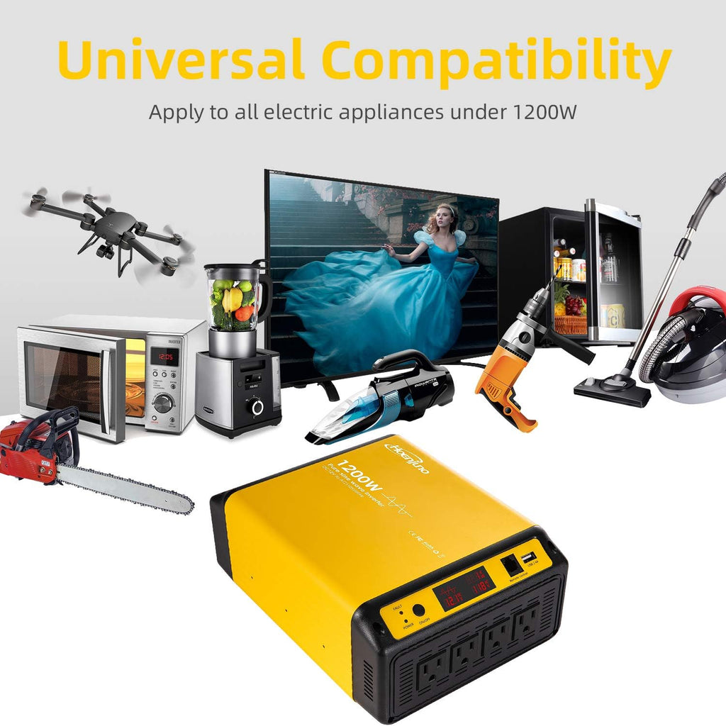 1200W Pure Sine Wave Power Inverter DC 12V to AC 110-120V with Remote Control Cable K2631