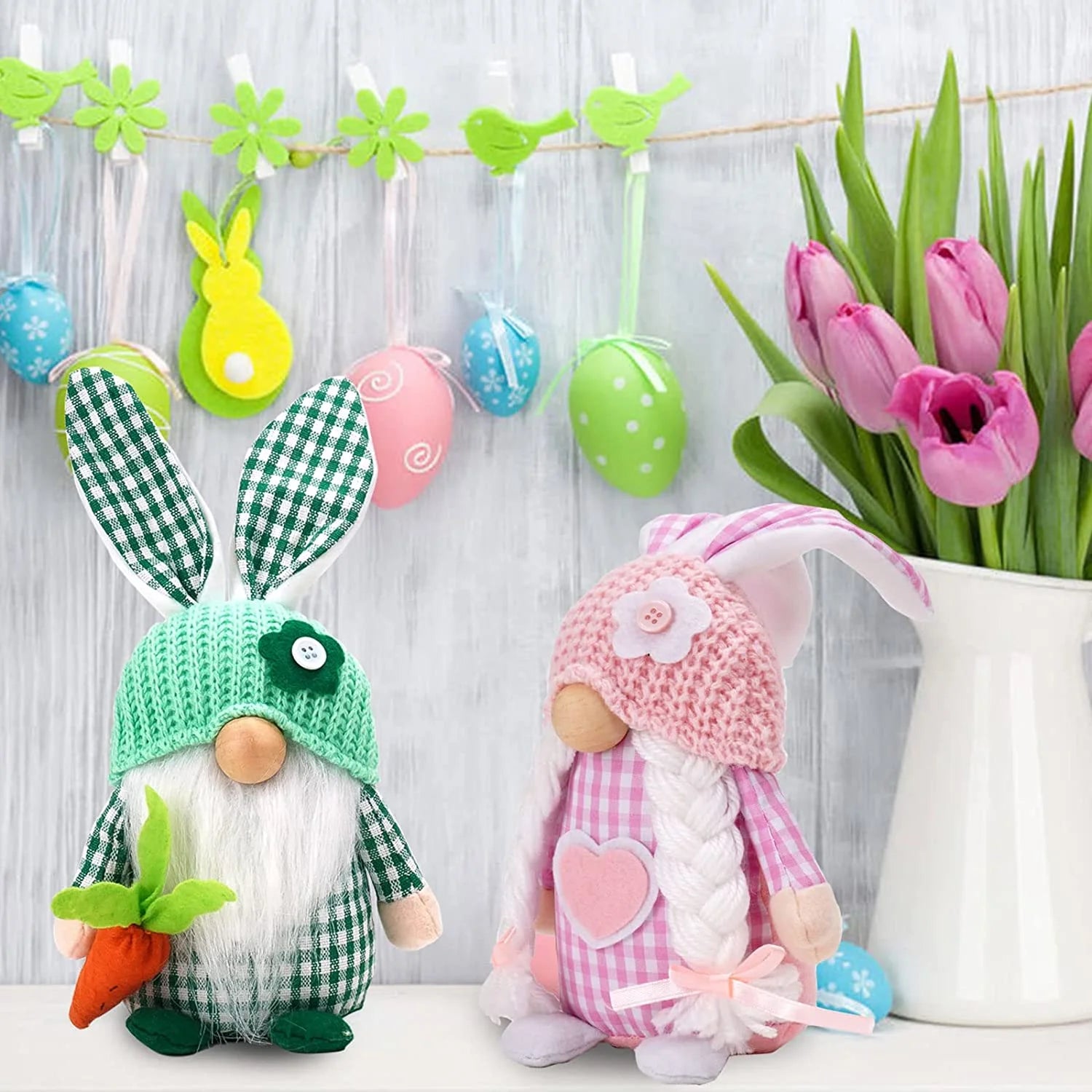 2 Pack Easter Gnomes Decorations with Bunny Tiered Tray Plush Gnome I867477