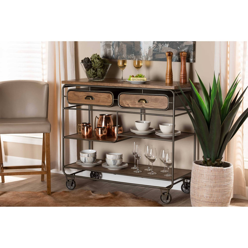 Oak Brown Wood and Black Metal 2-Drawer Kitchen Cart N62541