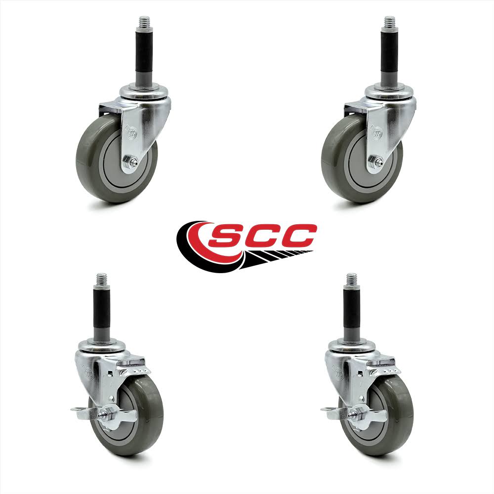 4 x 1.25 inch Gray Polyurethane Caster Set of 4 with Brake and Expanding Stem C461437