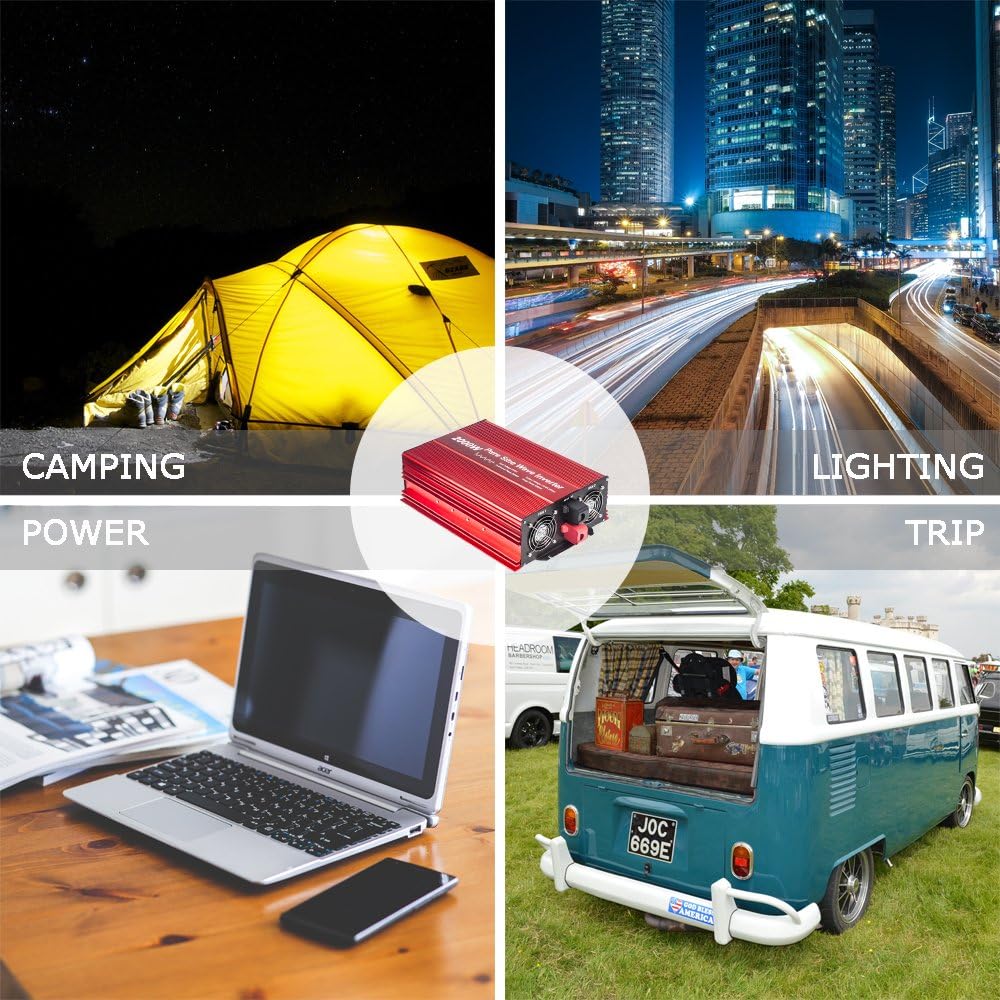2000W Pure Sine Wave Inverter 12V to 120V AC with 2 AC Outlets, DC5V 2 Amp USB Output, LCD Wire Remote Kit and OFC Battery Cables E120