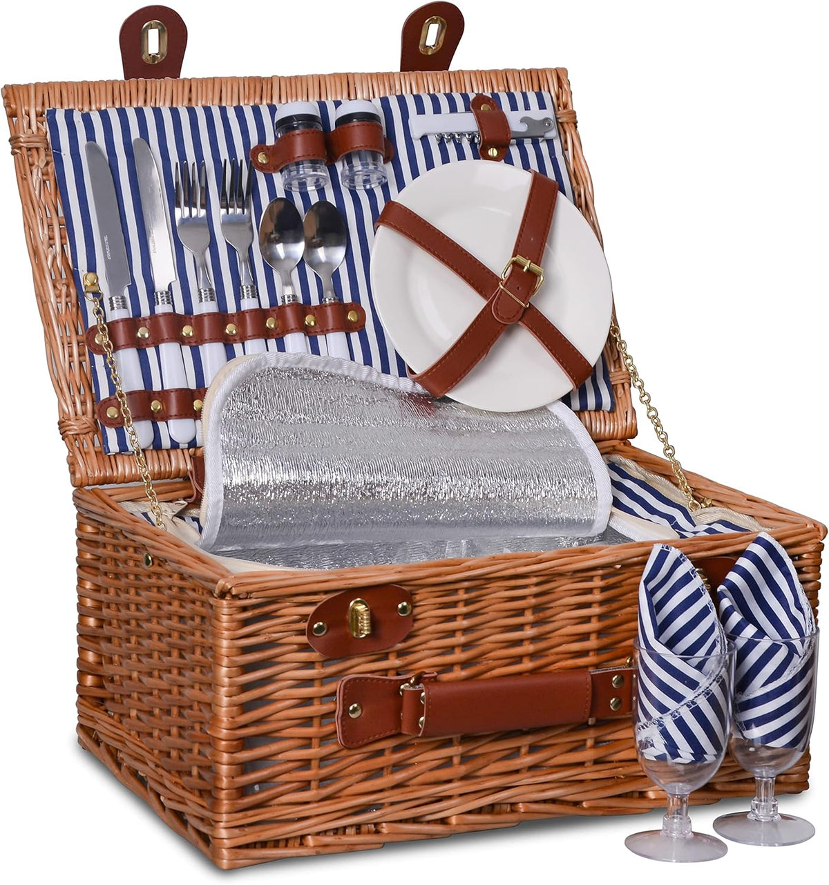Wicker Picnic Basket Set with Insulated Cooler, Blue Gingham, Pack of 2 Y5855