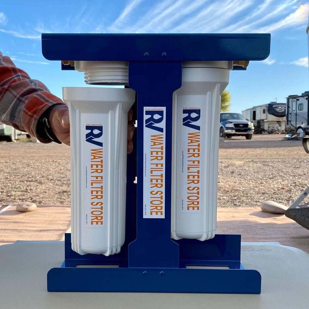 RV Water Filter System with Universal Blue Cage Mounting Bracket and Brass Hose Fittings F1733