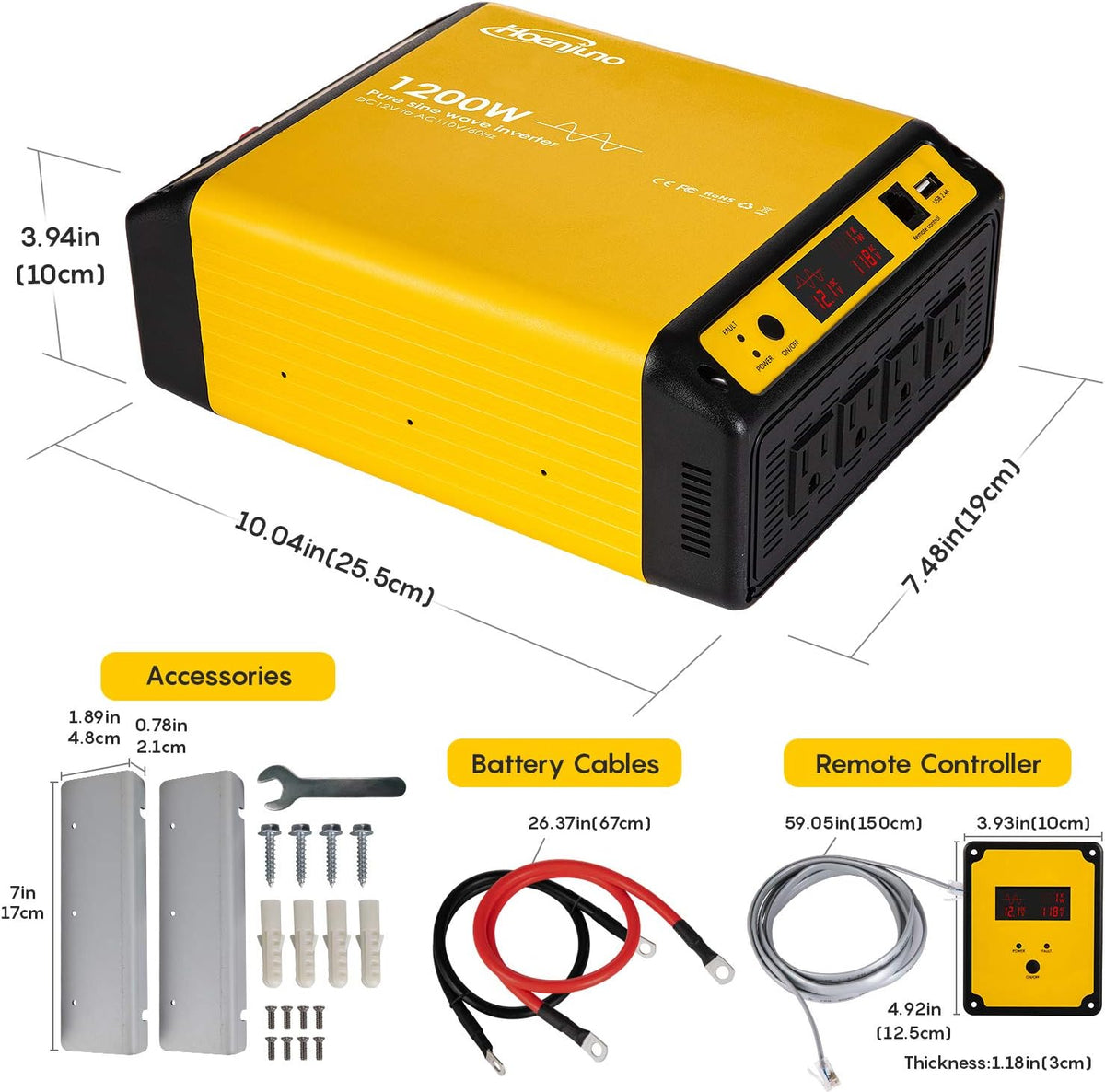 1200W Pure Sine Wave Power Inverter DC 12V to AC 110-120V with Remote Control Cable K2631